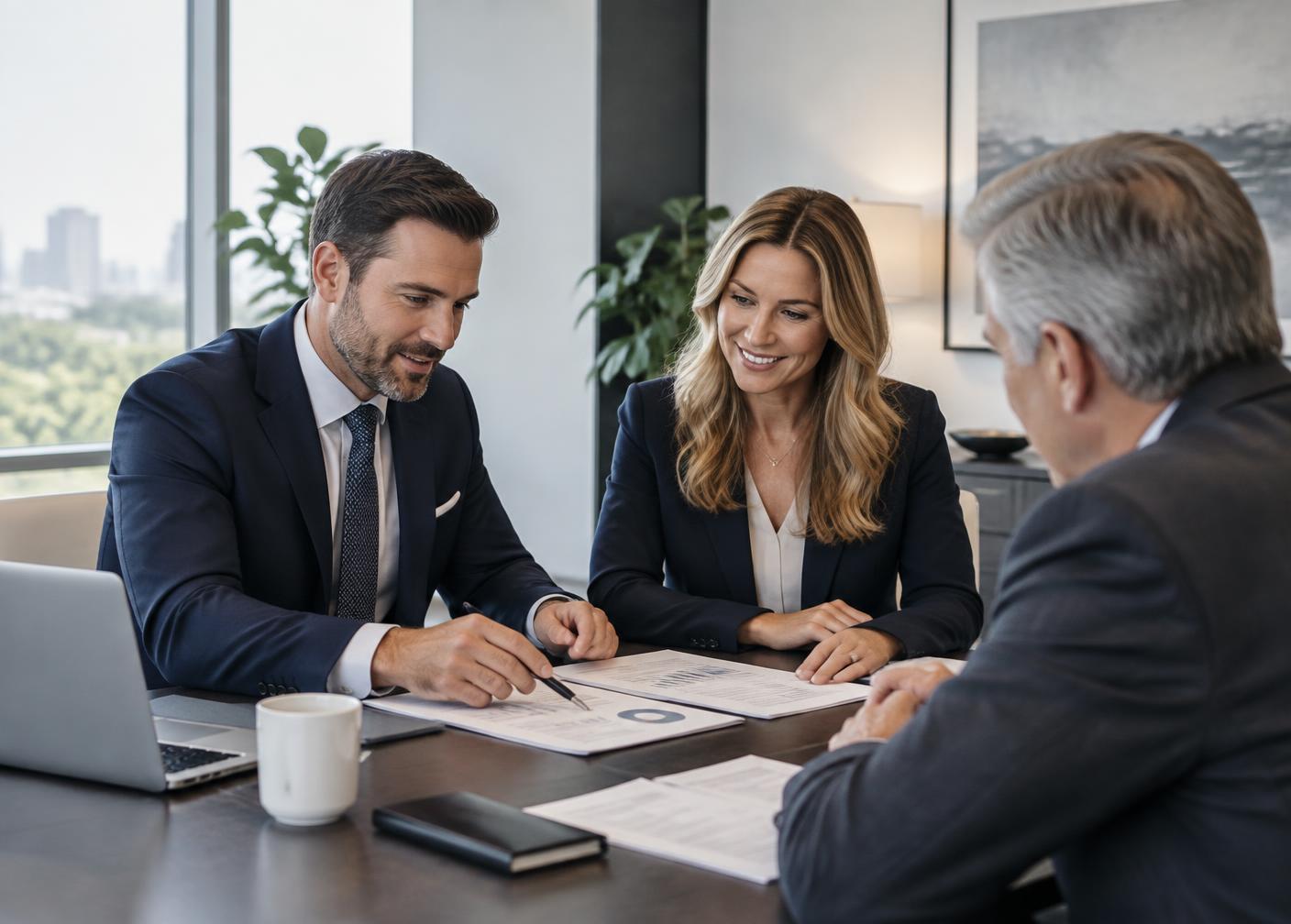 Two business professionals meeting in an office reception area
